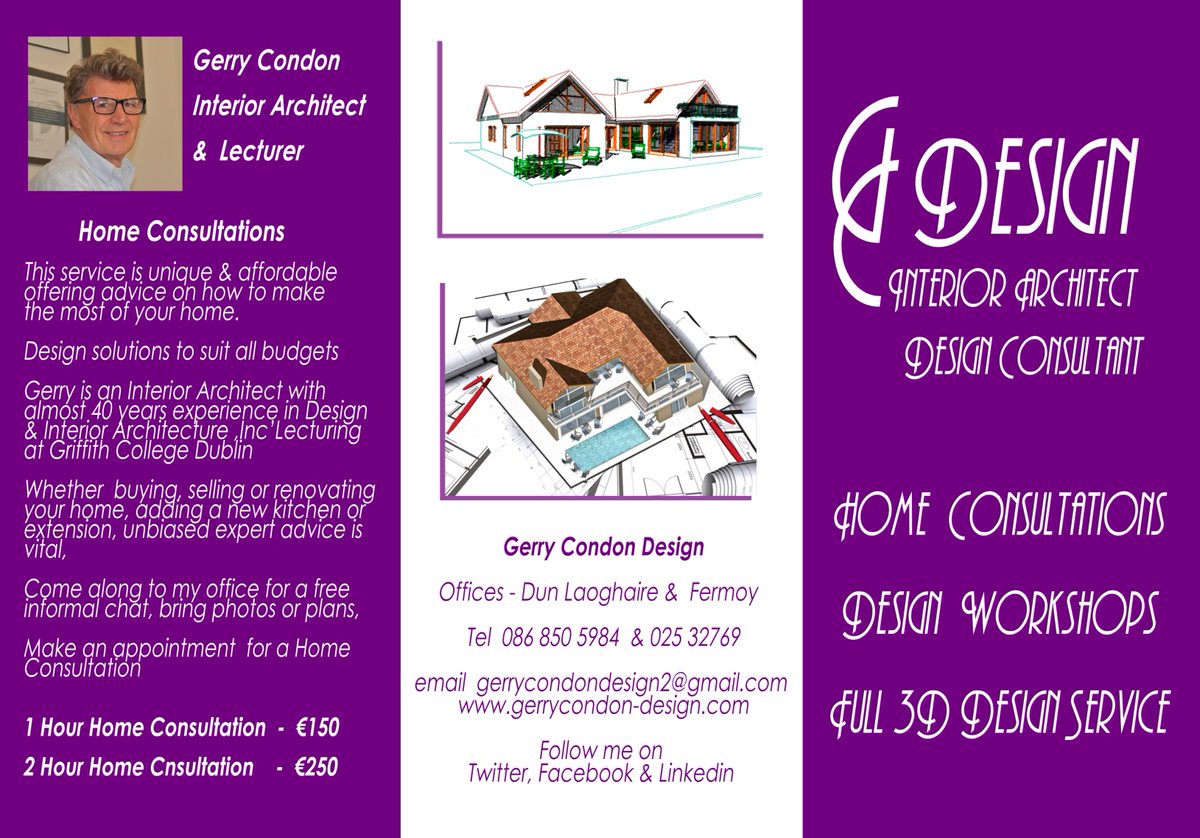 Home Design Consultations, Design Workshops, Full 3D Design Service
Residential, Retail Commercial and Leisure sectors
Call 086 8505984
gerrycondon-design.com