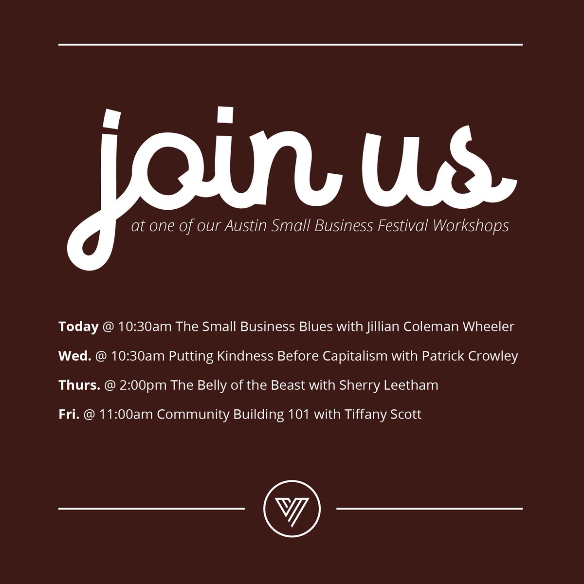 The Austin <a href="/SmallBizFest/">Small Biz Festival</a> is here! Join us at any one of our workshops, held in the <a href="/VesselCoworking/">Vessel Coworking</a> front lobby. Learn more--> vssl.co/2Fxobyw
