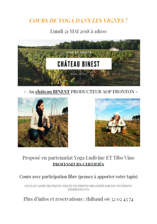 Séance de yoga dans les vignes @yogaetvin <a href="/tibovino/">Tibo Vino</a> au château binest de fronton le 21 Mai prochain à 11h00. Cours sous donation. Inscription 0632024374