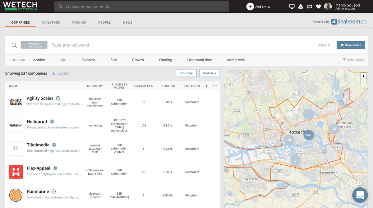 dealroomco's tweet photo. The Rotterdam Startup Finder is an interactive map and database, powered by https://t.co/w37O0VAQp3, with information about Rotterdam-based startups, scale-ups, investors and more. Add your company now and get access to the #WeTechRotterdam map on: https://t.co/0cHKWfKAMI https://t.co/gudiCkKMdU