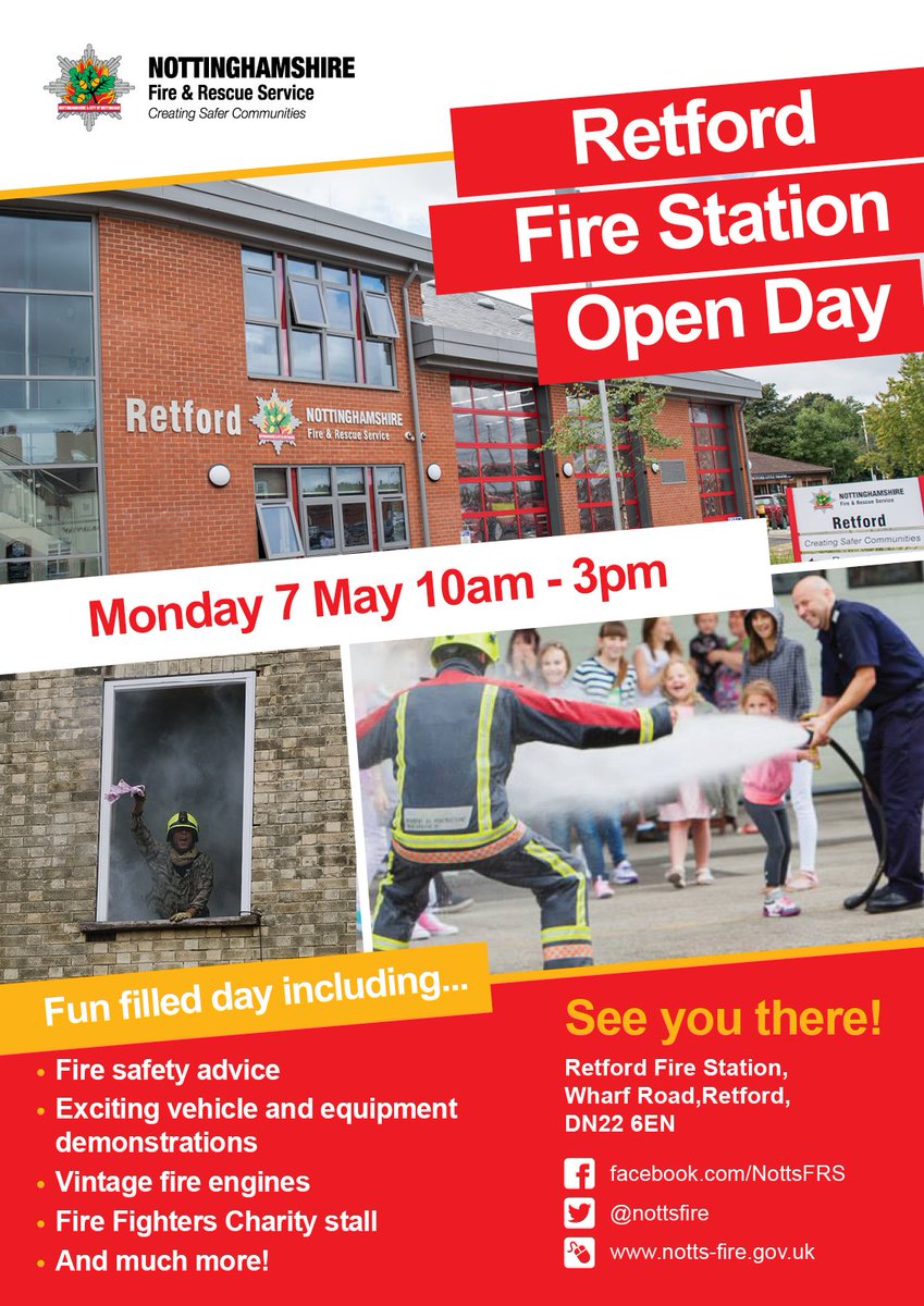 nottsfire's tweet photo. This May #bankholidaymonday why not come along to #Retford Fire Station for a fun filled Open Day. There'll be lots to see and do including live demonstrations of specialist firefighting equipment, a Fire Fighters Charity stall and vintage fire engines! #CreatingSaferCommunities https://t.co/7Nehd71pot
