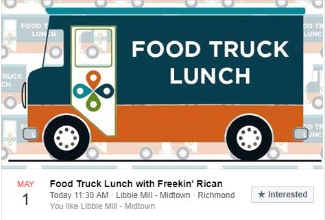 LibbieMillRVA's tweet photo. Our first May Food Truck Lunch is today, starting right now! Come enjoy this beautiful weather with Freekin' Rican - Puerto Rican Food Carts & Catering! #RVA #Henrico #LibbieMill #RVAFoodTrucks #RVAeats #RVAdine #RVAx https://t.co/c92fPph01Z