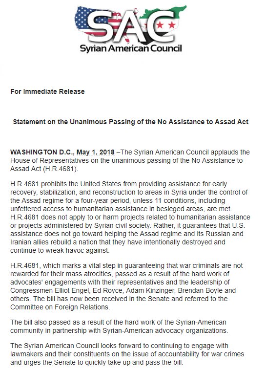 sa_council's tweet image. From the Syrian American Council: Statement on the Unanimous Passing of the No Assistance to Assad Act (HR 4681). Special thanks to the advocates of the Syrian American community, @RepKinzinger, @RepEliotEngel, @RepEdRoyce, @CongBoyle &amp;amp; others for their efforts!
