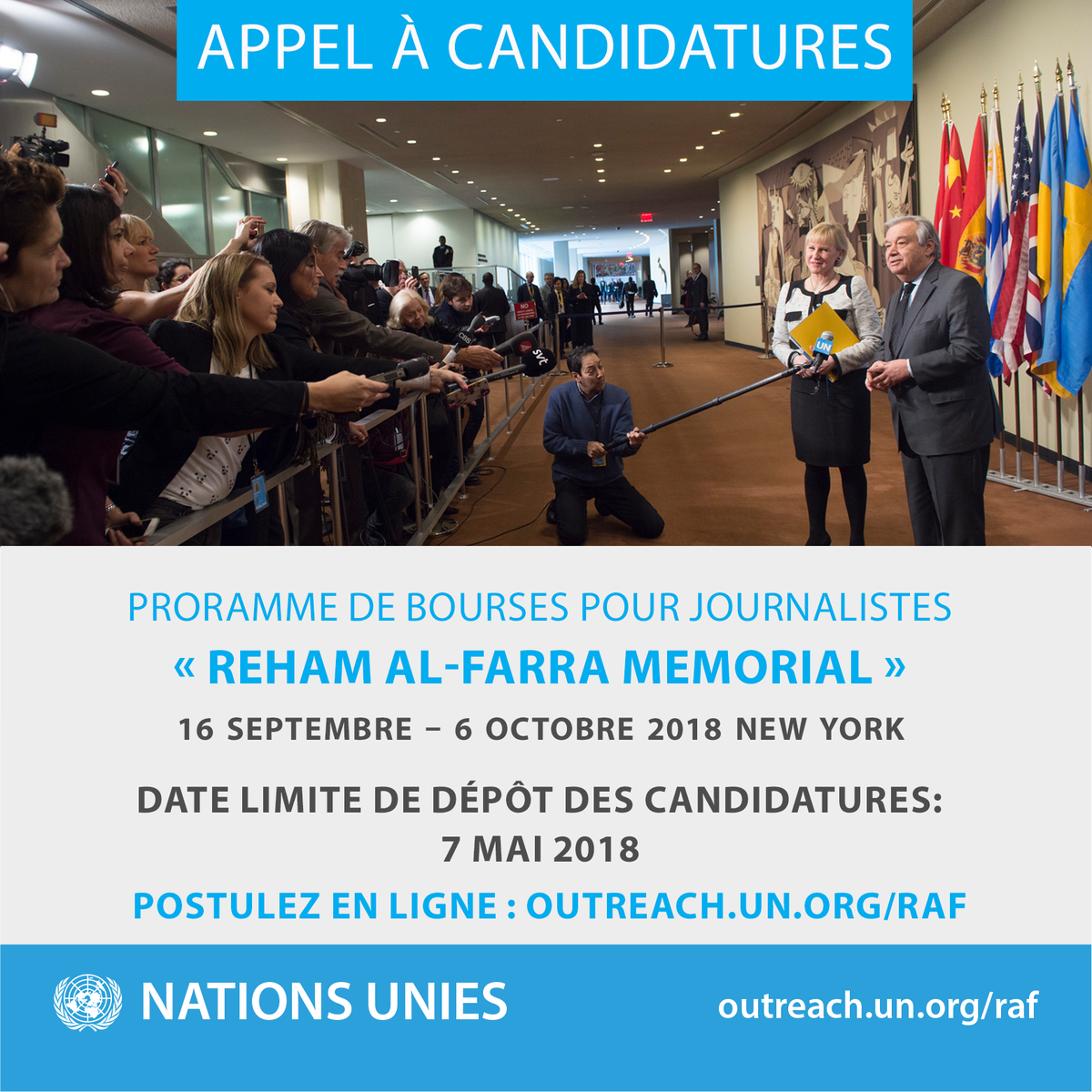 ONU_fr's tweet photo. Inscrivez-vous avant le 7 mai !

Êtes-vous jeune journaliste ? Vous désirez venir couvrir les activités de l'ONU à New York pendant l'Assemblée générale en septembre ? Voici les conditions pour être admissible au programme de bourses @unraf (en anglais) : https://t.co/huxxjeT78g https://t.co/dwWXCMGWiV