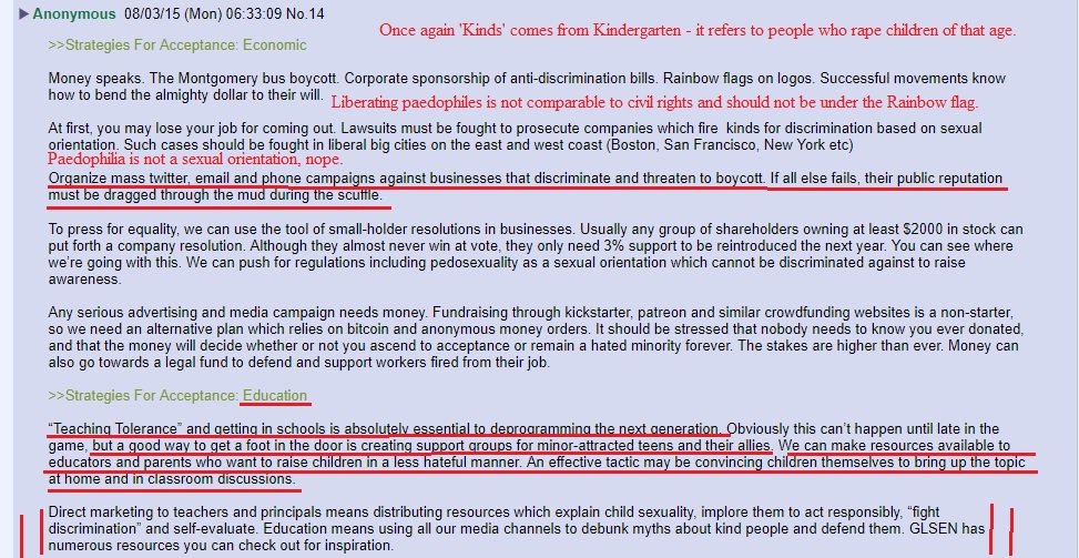 As this awful manifesto keeps going so do I. We now turn to 'Strategies For Acceptance: Economic'. It tries to compare liberating paedophilia to the civil rights movement and LGB movements, it directly references Trans tactics, threatens mass twitter/email/phone campaigns