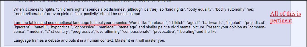 Linguistics goes on. The importance of using emotional language such as 'ignorant', 'bigot', 'prejudiced' to label one's enemies