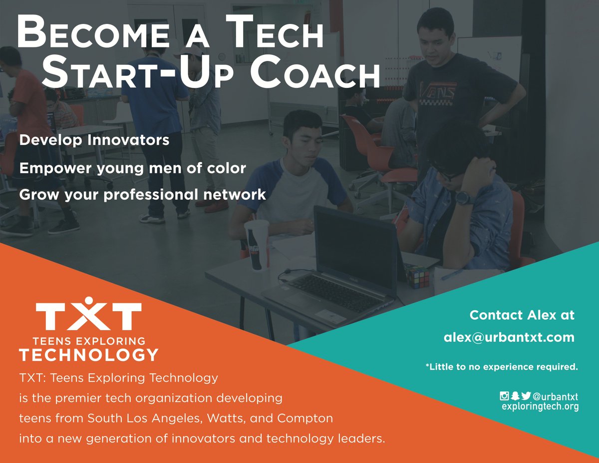 Calling current college students! Ready to empower Young Men of Color in South Central? Ready to build your network, meet top tech professionals, and learn how the industry works? If so, please apply to our summer Tech Start-Up Fellowship! exploringtech.org/txt-fellowship