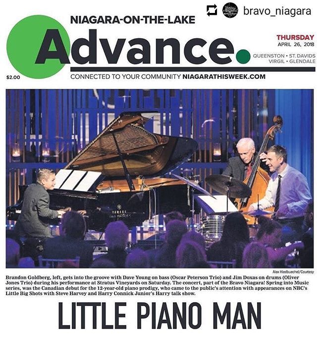 #Repost @bravo_niagara
• • •
Big thanks to Niagara This Week for featuring @brandonpiano’s Canadian debut with Dave Young and @jim_doxas on the front page of the Advance! 📸: @flashboxphoto #bravoniagara @stratuswines #springintomusic #brandongoldberg… ift.tt/2HKEI8w