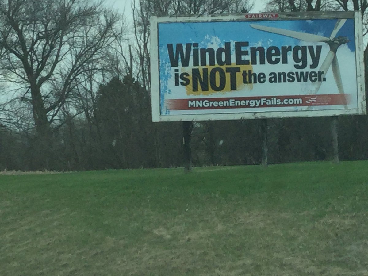 WINDLOCKEDLLC's tweet photo. YEAH! Super excited to see some billboards in our small S. MN town. Thanks @MNThinkTank #MNgreenenergyfails #goawayWTGs #windfails #windwatch @windwatchorg https://t.co/uanYyC8bvz