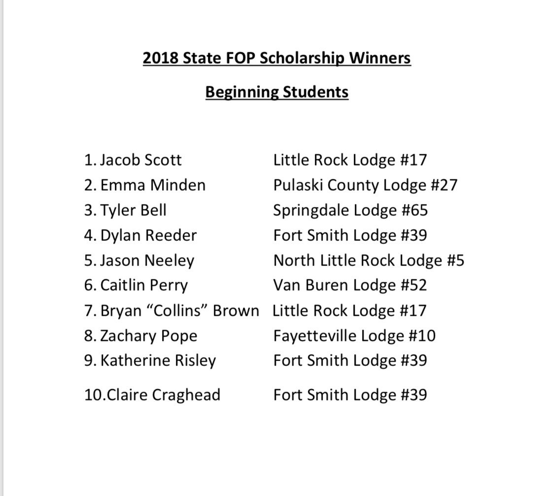 2018 FOP Scholarship Winners - Beginning Students