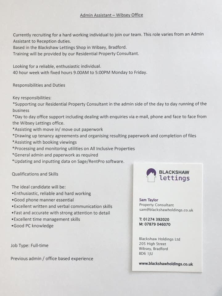 BlackshawH's tweet photo. *we are hiring*
I am looking for a reliable, hard working individual to work alongside me as an admin assistant in the Wibsey Office. 
For more information please contact Sam on 01274 392020 or sam@blackshawholdings.co.uk https://t.co/gWQoArpN3n