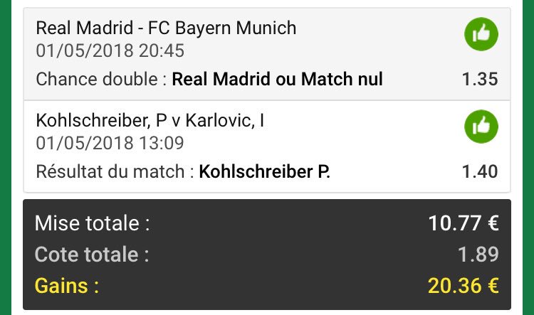 PronoSall's tweet photo. 📈Montante📈 
Objectif [5€👉🏼50€]

   ▶️Etape 2✅:   
🎾Kohlschreiber 1,40✅
⚽️Real ou nul      1,33✅
  10,77€👉🏼20,36€ ✅
#ParionsSport #TeamParieur #Montante 🤑 ♻️&amp;❤️ https://t.co/PwTQwll7o5