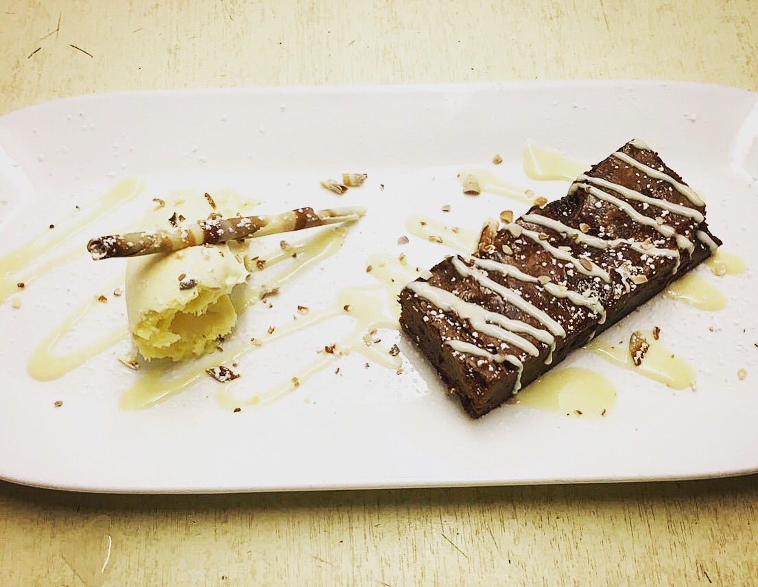 Chocolate &amp; Cherry Brownie, White Chocolate Sauce, Clotted Cream #dessert #sogood <a href="/Roddas_Cream/">Rodda's Cream</a>
