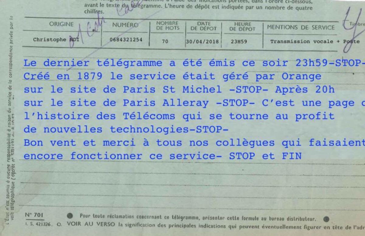 Voilà c'est fini, le dernier #telegramme est parti lundi 30 avril à 23h59, 139 ans après sa création
Une page de l'histoire des #Telecoms qui se tourne.  
leparisien.fr/societe/en-fra…
RT @VDEBUISSON