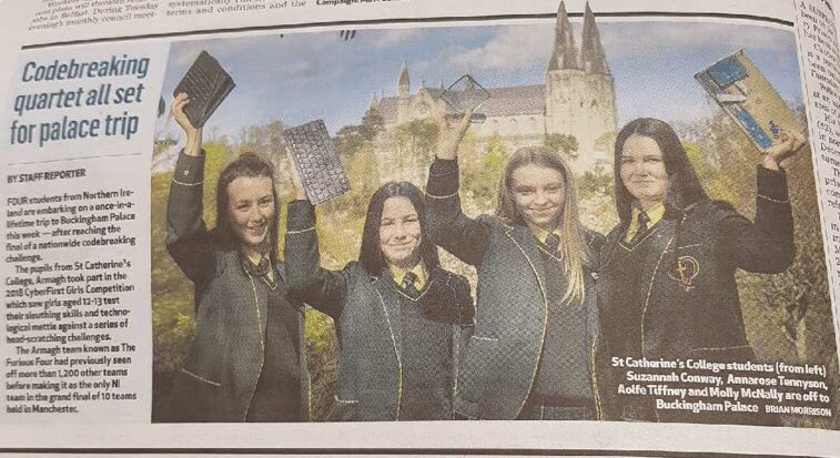 StCatsComputing's tweet photo. In the @BelTel Belfast Telegraph today! Looking forward to Buckingham Palace tomorrow! Thanks to @Cyphra_com for presenting us with the award for top team in NI and to Dr Irene Bell from @cas_ni for coming down as well! #girlscomp18 #CyberFirst https://t.co/cyCCXQXVj1