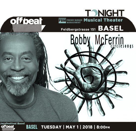 jazzsharing's tweet photo. #OffbeatConcert GmbH #Basel
the JAZZ FESTIVAL BASEL"OffBeat"
BOBBY McFERRIN &amp; «Circlesongs»
→https://t.co/aOvkm2eKBS
@bobbymcferrin vocals #JoeyBlake vocals #DaveWorm vocals 
+12 singers of the Swiss Youth Choir
at #MusicalTheaterBasel: TONIGHT8:00pm
→https://t.co/bTdlyz7GgN https://t.co/ExhB0ExRFT
