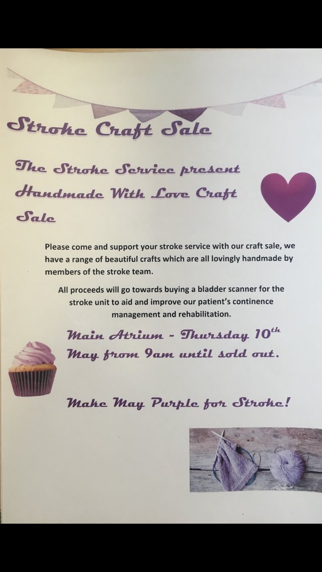 May is Stroke Awareness Month, please come and support your local stroke service on 10th May 💜#MakeMayPurple #StrokeAwarenessMonth #craftsale <a href="/joclayden/">Jo Clayden</a> <a href="/jilldowney/">Jilldowney</a>