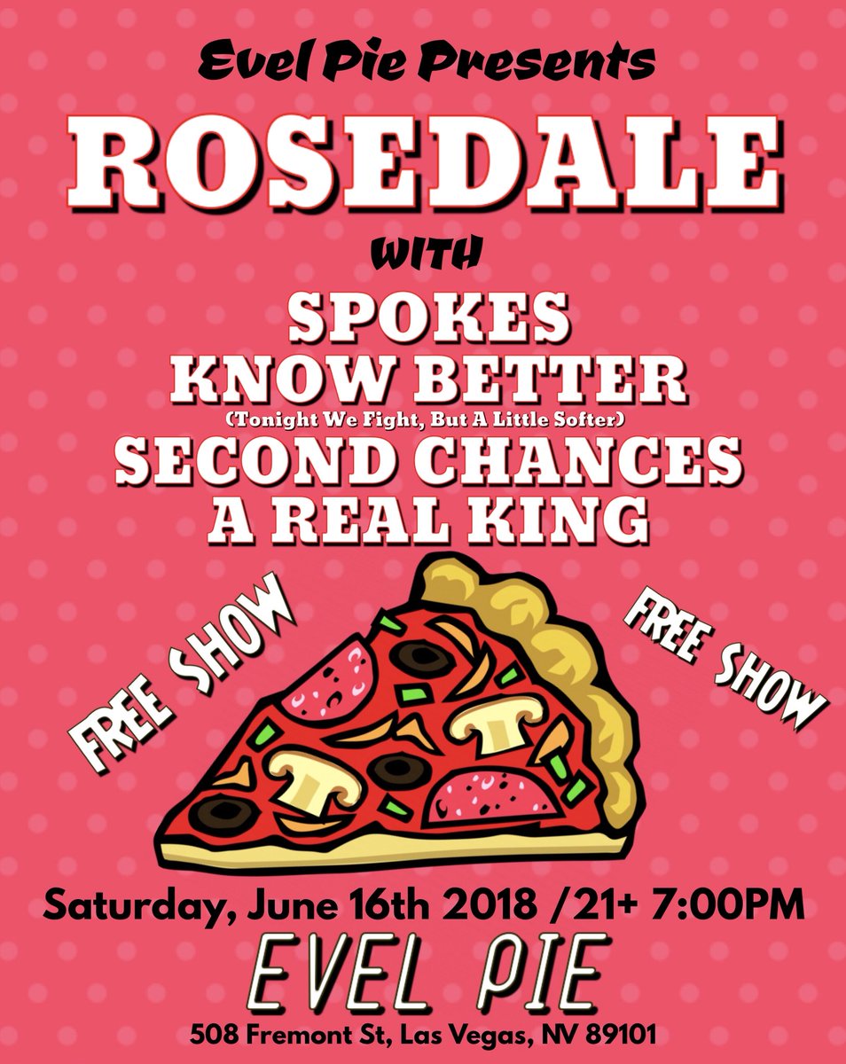 camerongile's tweet photo. Stoked to announce @RosedaleMusic is coming back to Vegas on Saturday, June 16th at @EvelPieLV with @SpokesLV, @SecondChancesLV, @arealkinglv! 

Also @BrandonKD and I will be playing under a new name called Know Better for this show! Come hang with us at this FREE SHOW! https://t.co/YvRw4D9Se5