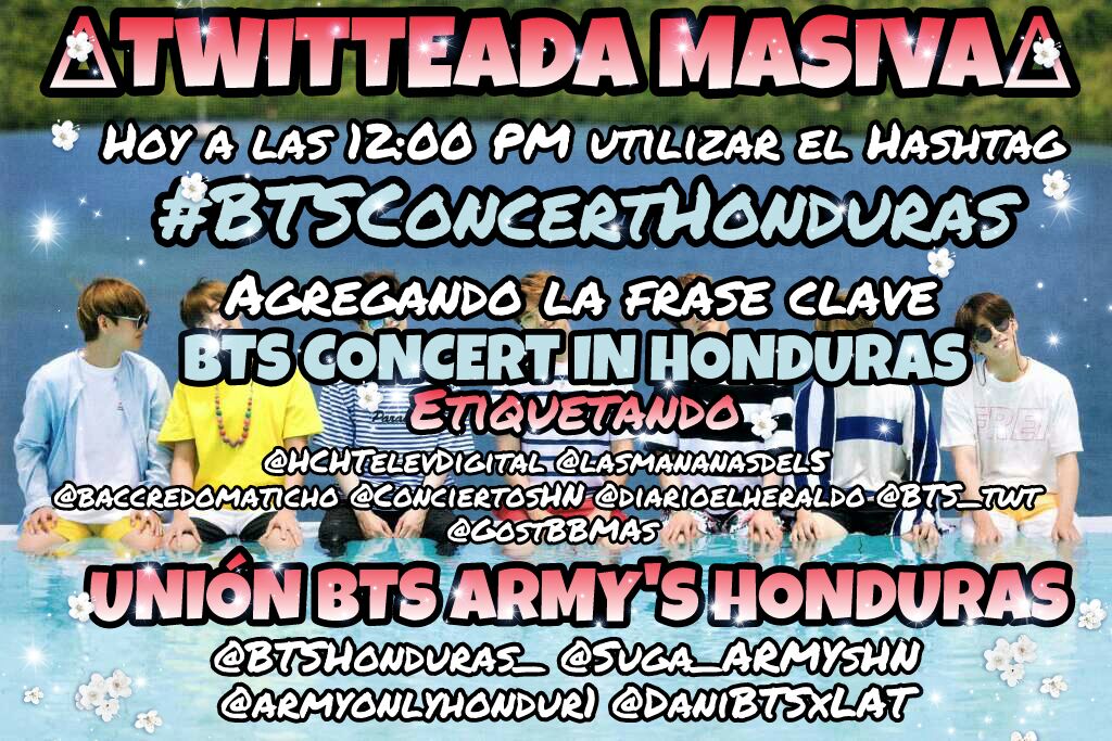 daniBTSxHN's tweet photo. ARMYs de Honduras! Que se repita la historia!

BTS CONCERT IN HONDURAS

#BTSConcertHonduras
@HCHTelevDigital
@lasmananasdel5 
@baccredomaticho @ConciertosHN @diarioelheraldo
@BTS_twt 
@GostBBMAs 
#LoveYourselfNicaragua https://t.co/2QFQWj6rLj