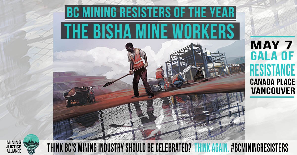 MiningJustice's tweet photo. We're honouring #BCMiningResisters at Nevsun's Bisha mine in Eritrea this #MayDay. 48 former workers took #Nevsun to the Supreme Court of BC, making it the first time a modern slavery case has been heard in Canada. More info: https://t.co/bQm581xBcL https://t.co/cVOt99QfRb