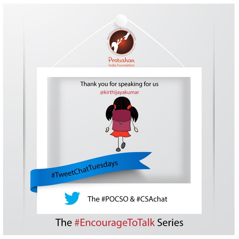 NGOProtsahan's tweet image. Thank You @kirthijayakumar for sharing great insights with us for the 
#POCSO &amp;amp; #CSAchat
Keep encouraging everyone to speak up on behalf of children and safeguarding their childhoods
#EncourageToTalk
