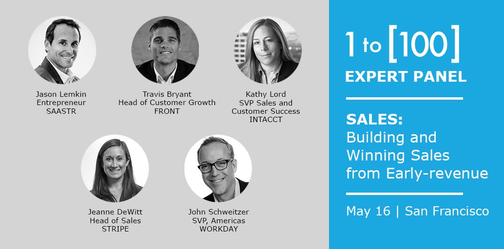 5/16 #EnterpriseSoftware sales: Building &amp; Winning Sales from early-revenue to IPO. w/ <a href="/jasonlk/">Jason ✨👾SaaStr.Ai✨ Lemkin</a> of <a href="/saastr/">SaaStr.ai</a>, <a href="/tbryant80/">Travis Bryant</a> of <a href="/FrontApp/">open to discuss (pm me)</a>, <a href="/kat88lord/">Kathleen Lord</a> of <a href="/SageIntacct/">Sage Intacct</a>, <a href="/jdewitt29/">Jeanne Grosser</a> of <a href="/stripe/">Stripe</a> &amp; <a href="/SchweitzerJohn/">John Schweitzer</a> of <a href="/Workday/">Workday</a>. Full list of speakers &amp; registration: buff.ly/2qSSafJ