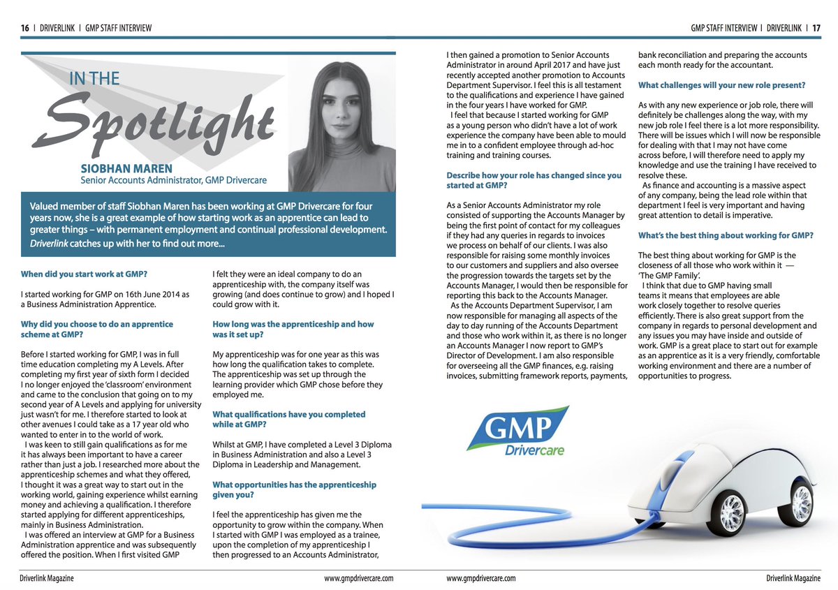GMPDriverlink's tweet photo. In The Spotlight - Siobhan Maren senior accounts executive @GMPDrivercare this month featured in Driverlink Magazine  https://t.co/uZxqxcNR8E https://t.co/3hy2Qnrzhy