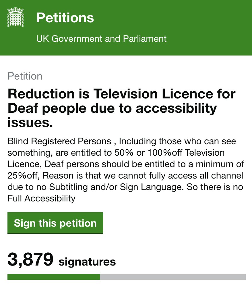 BritishDeafNews's tweet photo. SIGN THE PETITION! - TV LICENCE DISCOUNT:
Registered blind are entitled to 50% or 100% discount on TV licence. Deaf people should be entitled to a minimum of 25% discount because we cannot fully access all channels due to no subtitling and/or sign lang: https://t.co/34s1UKgf4M https://t.co/AHRaU7Z8dE