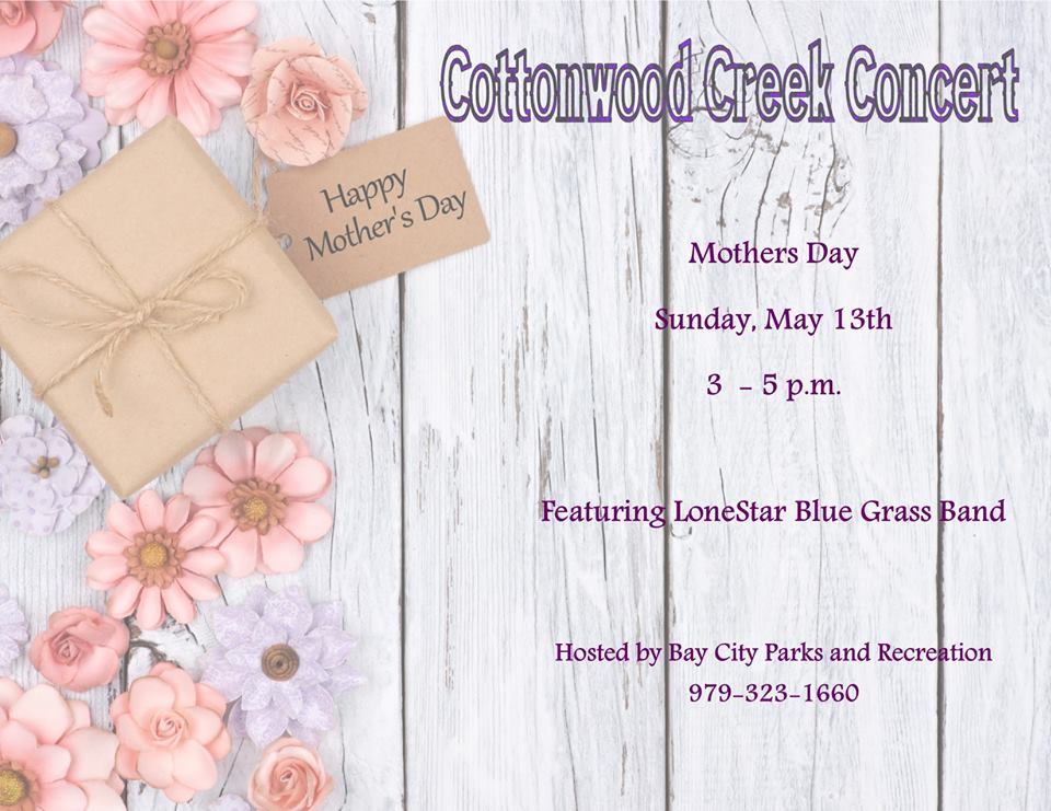 Don"t miss the <a href="/BayCityTX/">Bay City Texas</a> May 13th Mothers Day Concert at Liberty Park featuring LoneStar Blue Grass Band!  3pm-6pm bit.ly/2w1uPxv