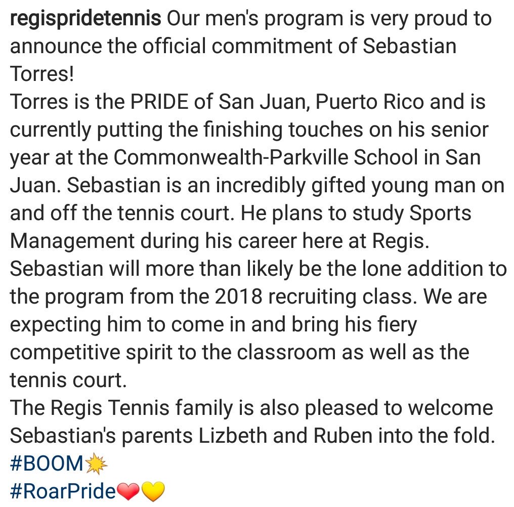 GoPrideTennis's tweet photo. Our men's program just got a little bigger and better! We are very excited to announce the official commitment of Sebastian Torres!
Welcome to the team Sebastian!
#RoarPride❤💛 https://t.co/RLUiqAuRN0