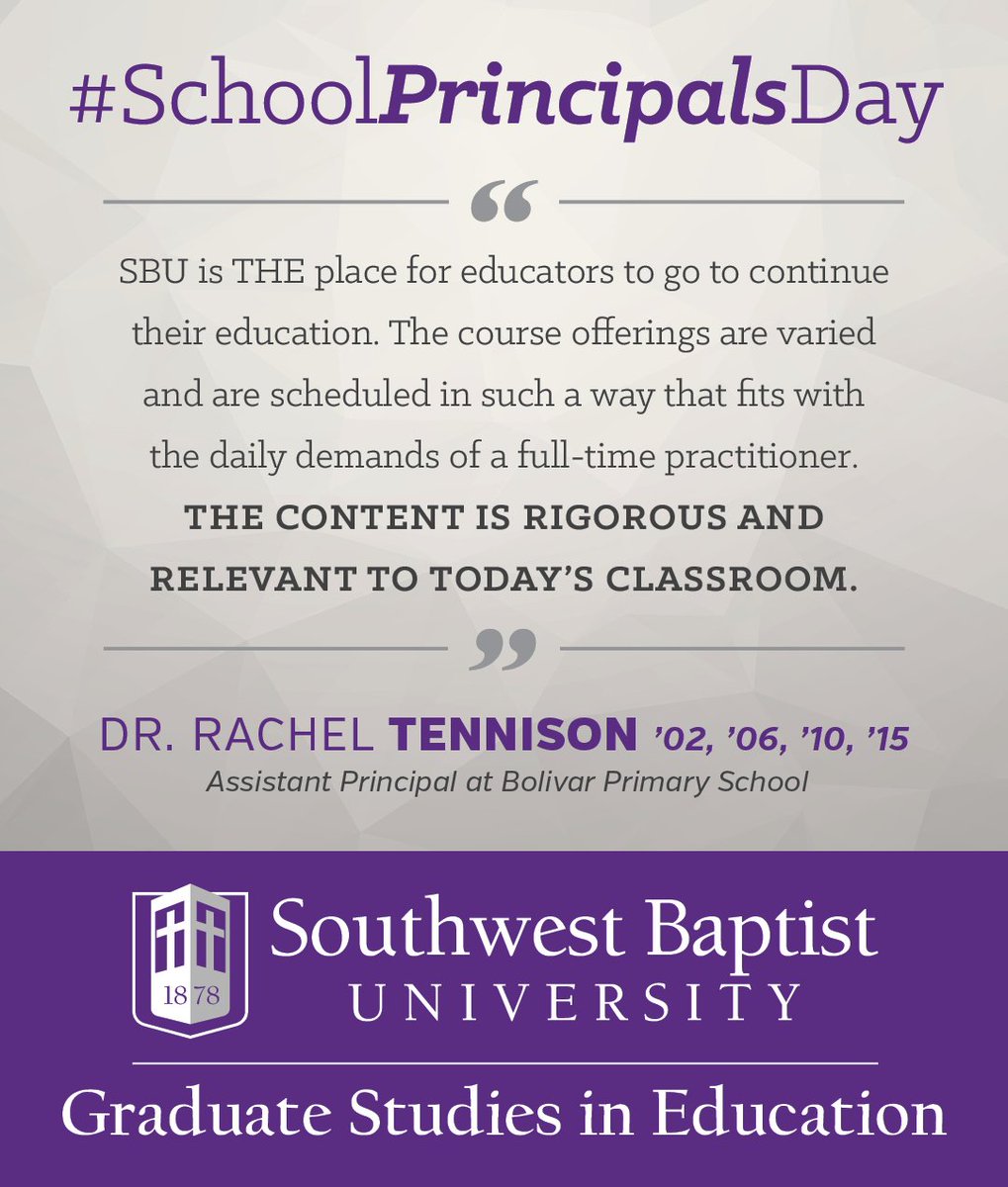 SBUniv's tweet photo. We know the importance of having quality leaders in our area schools and we are committed to training them well! Happy #SchoolPrincipalsDay to @racheltennison and the rest of our area school leaders! #SBUniv #SBUEDD @Bolivar_Schools @BolivarPrimary https://t.co/63JYkDaaC4