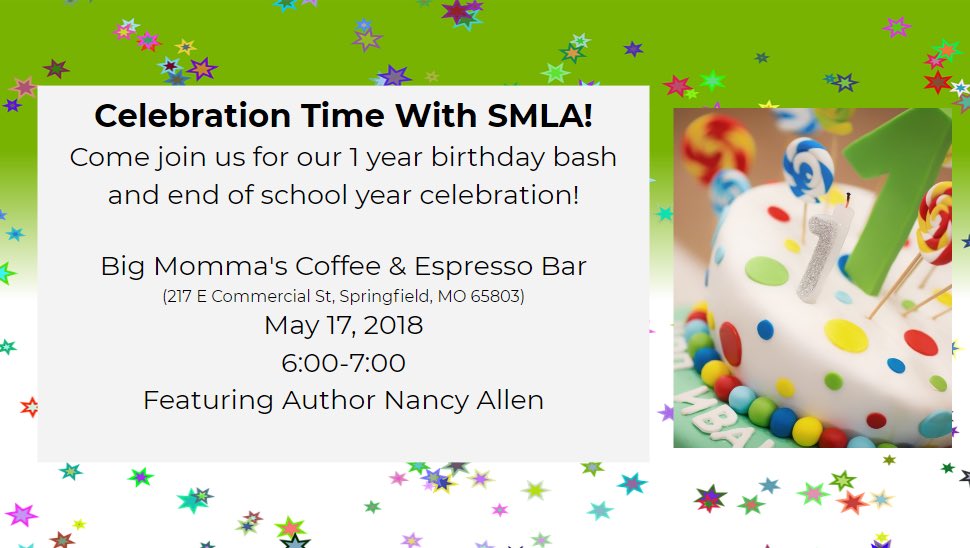 swmo_literacy's tweet photo. Come hear @TheNancyAllen , local author and celebrate with SMLA! #smlachat https://t.co/dXJWEU29DZ