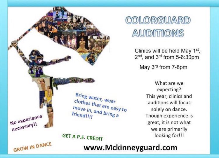 MckinneyGuard's tweet photo. Bring a friend or two and join us for day 1 of the fall color guard audition clinic! (In the band hall I118) https://t.co/1A8D4QjPjl