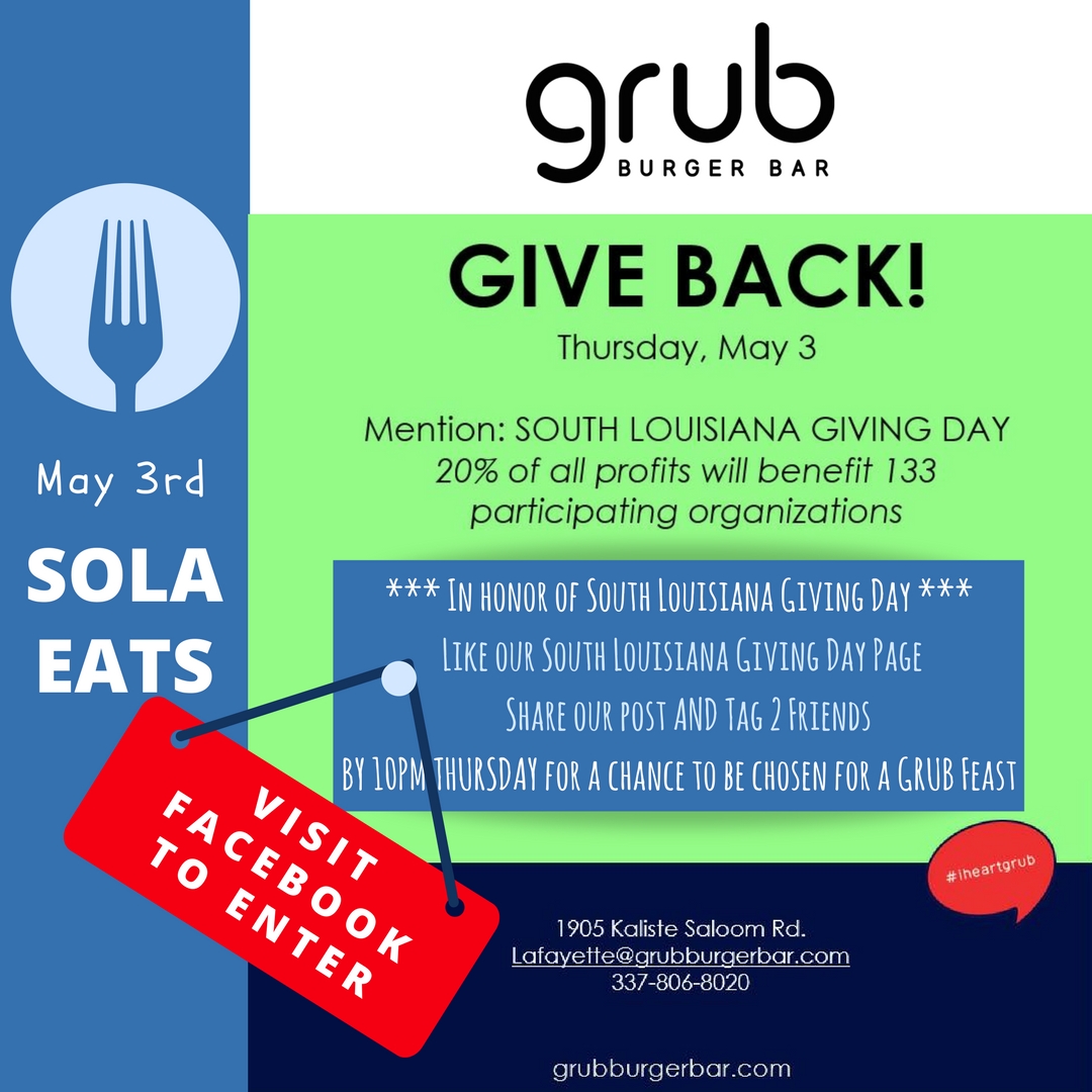 SOLAGivingDay's tweet photo. Head over to Facebook to enter our giveaway https://t.co/HeUkx8Wqbc and join us this THURSDAY at Grub Burger! https://t.co/rPIMey7DdD