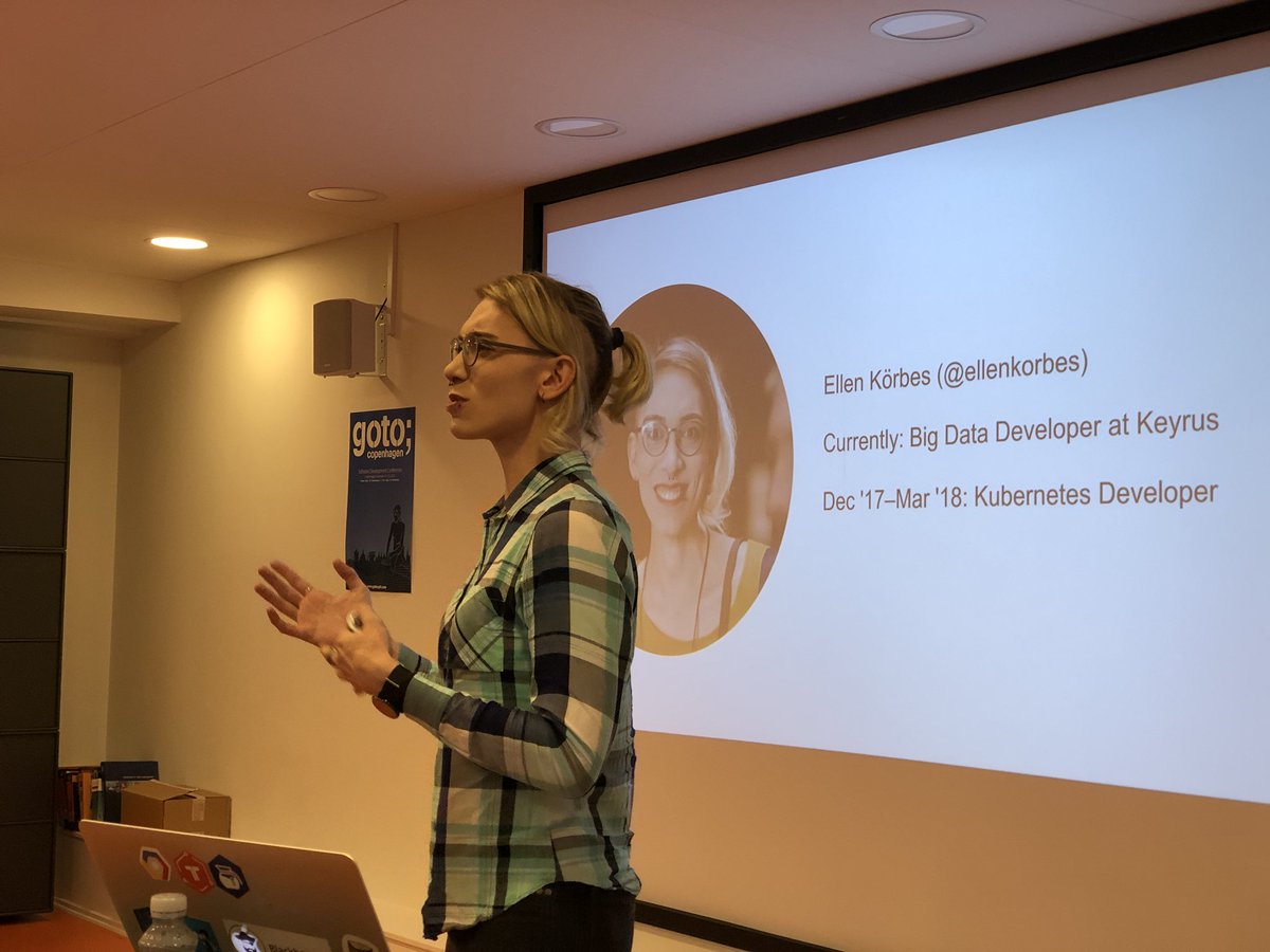 dockercph's tweet photo. How to onboard to the Kubernetes project as a contributer, what does it require? @ellenkorbes 👏 #gotocph #kubecon #cphftw https://t.co/yyNhXiC5Jp