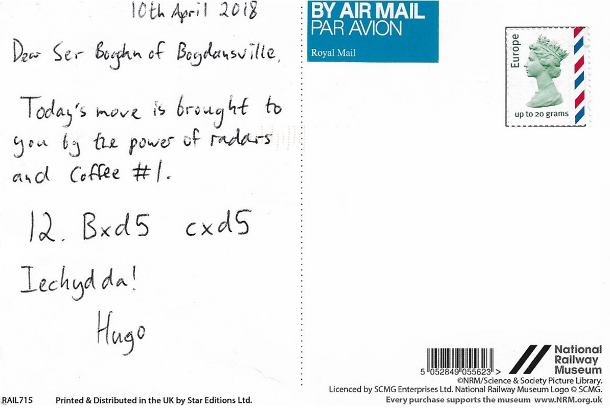 postcardchess's tweet photo. 12. Bxd5 (Jodrell Bank Observatory, United Kingdom) cxd5 (#Aberystwyth, United Kingdom) #chess #postcard https://t.co/1B7IzFxIHm