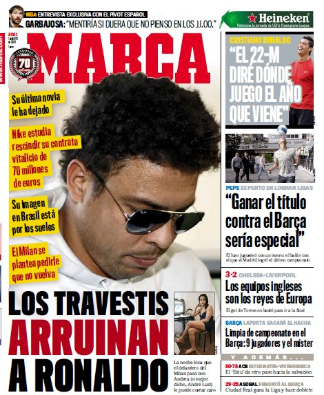 renaldinhos's tweet photo. Portada de la edición del 1 de mayo de 2008 de MARCA: "Los travestis arruinan a Ronaldo". https://t.co/iSuDwRhbC8