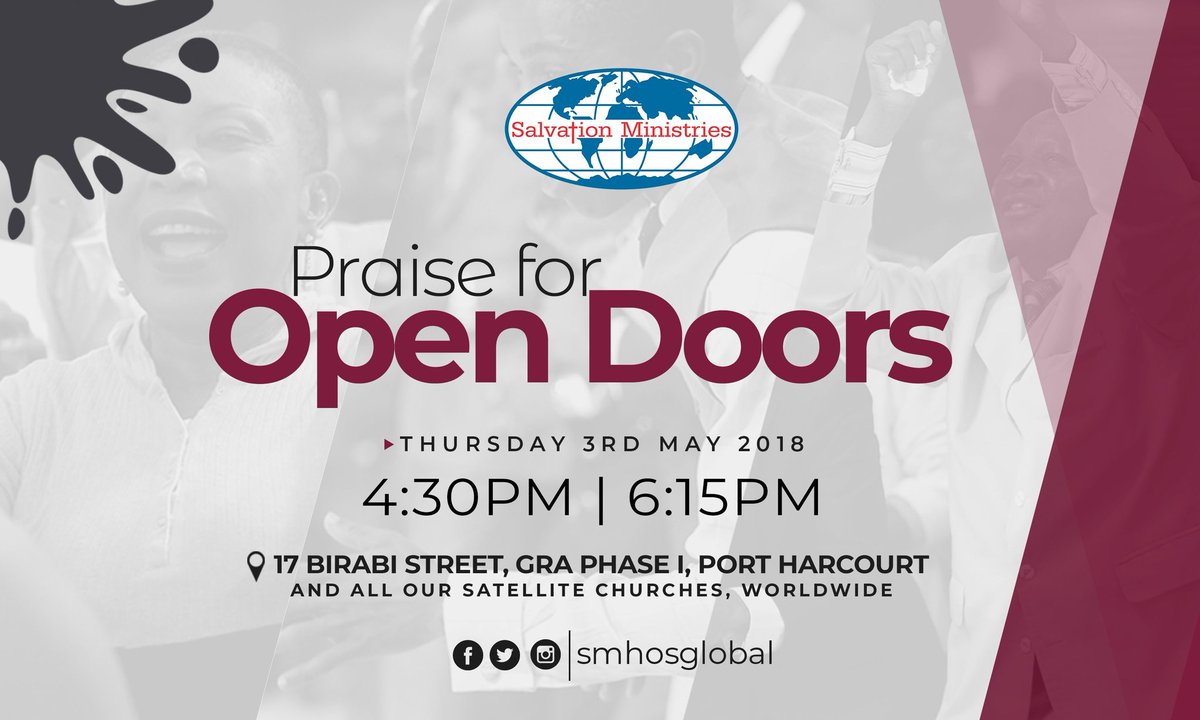 smhosglobal's tweet photo. Invite another tweep to follow @smhosglobal so they can get LIVE sevice updates this Thursday from 4:30pm GMT +1, as we Praise God to open the doors of favour, breakthrough, blessings, etc., to us this May 2018 and beyond.
God bless you.
#SMHOSLiveService https://t.co/JhOTXXaYms