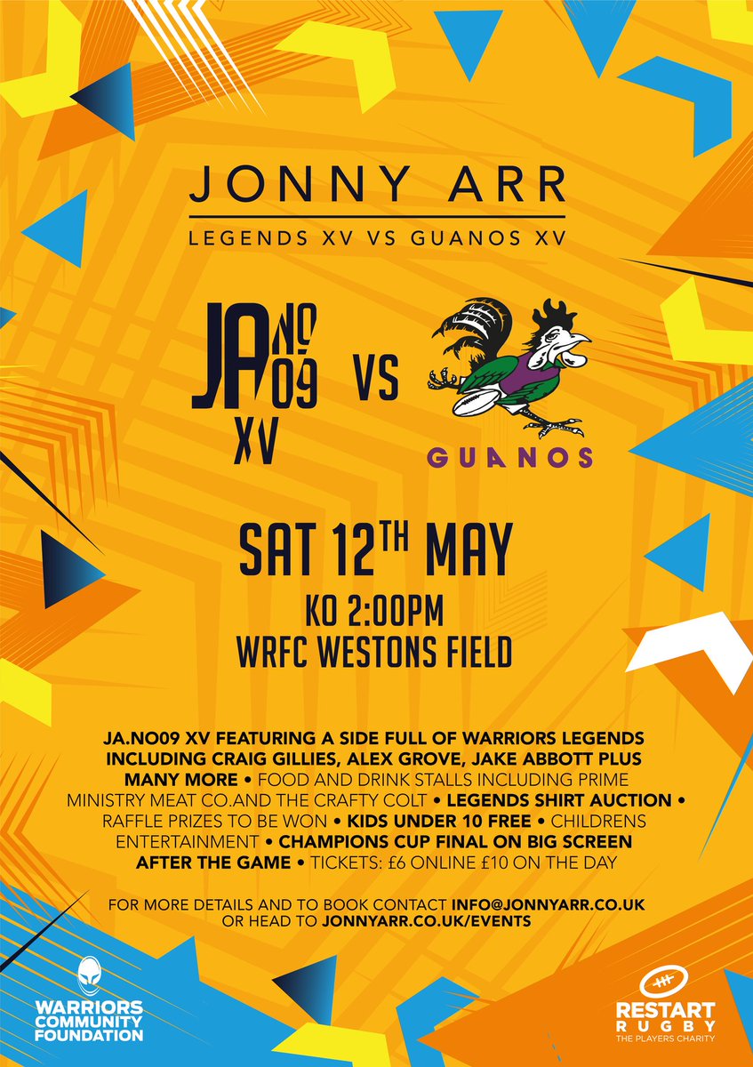 Looking forward to this game and seeing many old faces from my time <a href="/WorcsWarriors/">Worcester Warriors</a> lace their boots up again!! 

Great to play at the place where it all began for me to @wrfcwanderers 

Spread the word and get involved!! 

jonnyarr.co.uk/events