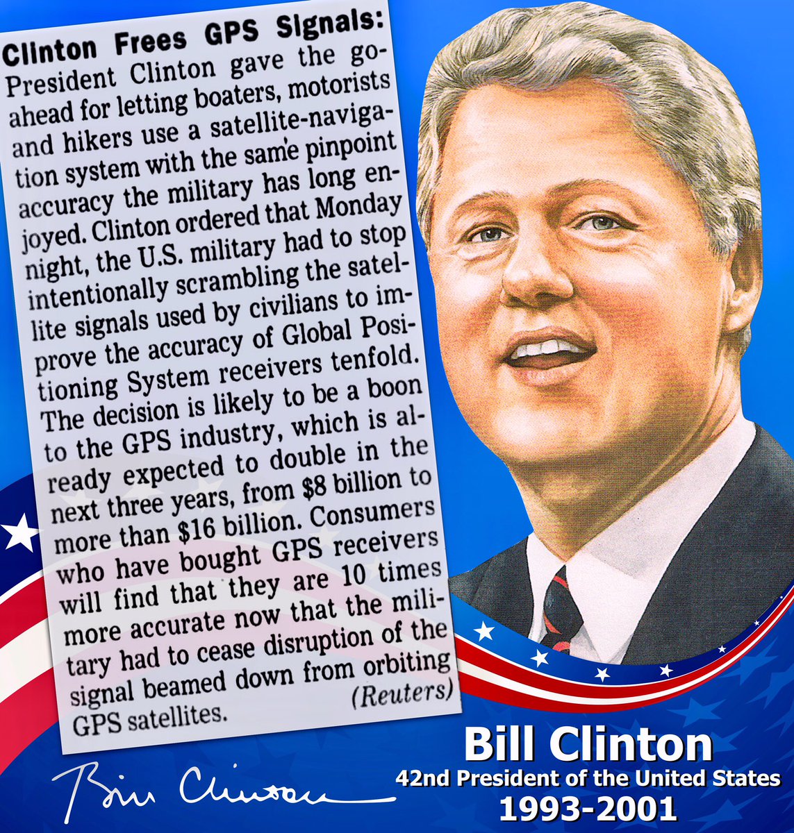 RetroNewsNow on Twitter: &quot;🇺🇸On May 1, 2000, President Bill Clinton  ordered the U.S. military to turn off a scrambling device on positioning  satellites, allowing civilian receivers that use GPS to become 10