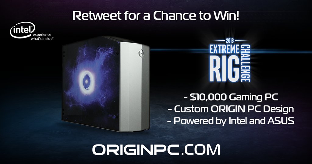 ORIGINPC's tweet image. RETWEET this post for a chance to win a $10,000 Gaming PC from @ORIGINPC! #IntelRigChallenge

We'll be posting daily so you can RT daily for more chances to win this and bi-weekly prizes including Oculus Rift Headsets! #sweepstakes #giveaways