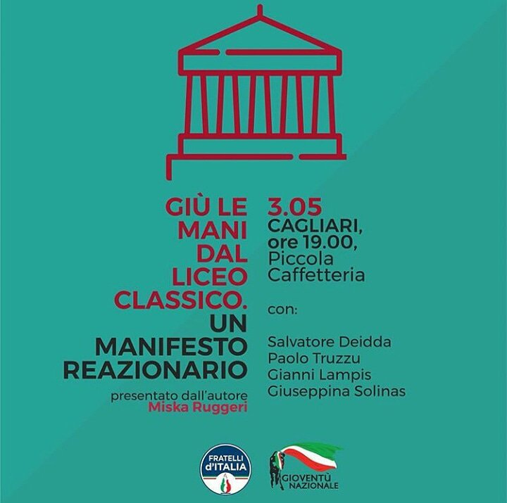 mario_angius's tweet photo. Invito aperto a tutti.
#GioventùNazionale vi aspetta insieme al nostro #Deputato Salvatore Deidda @deidda ai nostri #consiglieriregionali Gianni Lampis  @Gianni_Lampis e Paolo Truzzu @truzzu non per ultima, la nostra Giusy Solinas
#Giovani e #Futuro questi i temi che tratteremo https://t.co/rlBrTLAmk3
