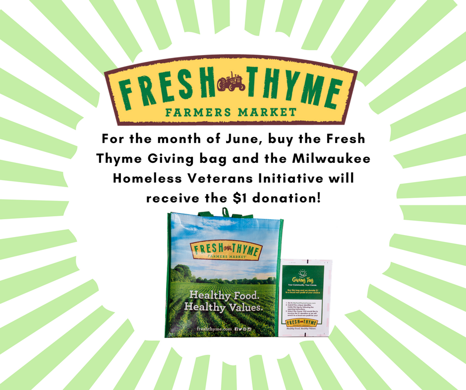 mkehomelessvets's tweet photo. Fresh Thyme Farmers Market store has selected Milwaukee Homeless Veterans Initiative as the June recipient of the Fresh Thyme Giving Bag Program! #SupportMKEVeterans #MHVI #FreshThyme https://t.co/ElDA0Tg4eN