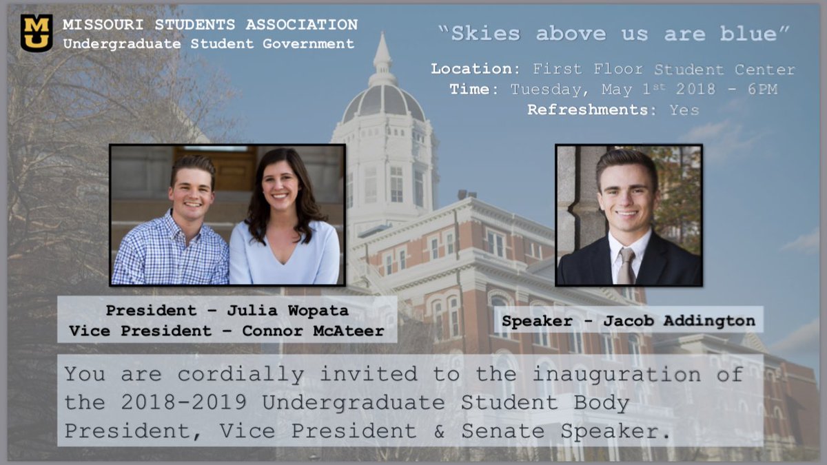 Calling all Tigers, you are invited to the inauguration of our new undergraduate student leadership. Tonight, 6pm in the middle of the student center. There will be refreshments! #ForMizzou