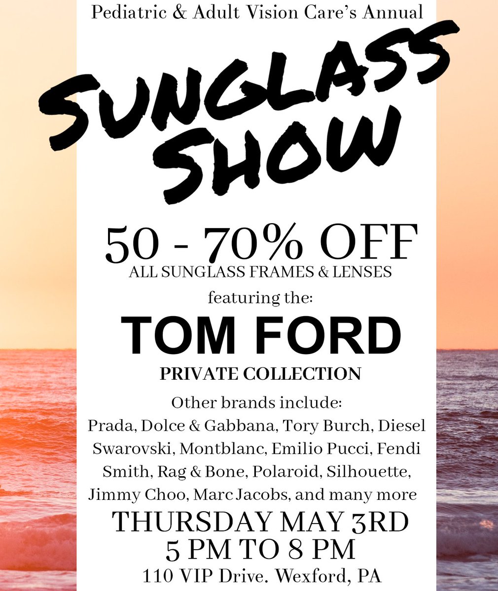 ECSofPA's tweet photo. Only 48 hours until our 2018 Sunglass Show &amp; you don't want to miss this!

50%-70% OFF thousands of designer frames including the @TOMFORD Private Collection!

#pittsburgh #pgh #MayDay #TuesdayThoughts #SunglassShow #sunglasses #sunnies #designer #frames #womensframes #mensframes https://t.co/Vt7buXUMeq