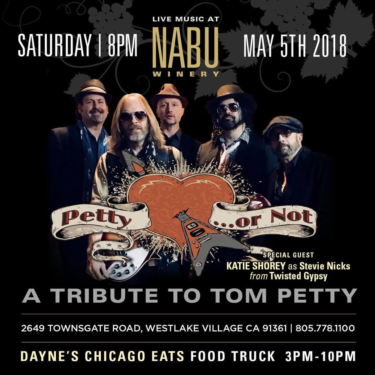 nabuwines's tweet photo. Join us for Petty or Not's first appearance @nabuwines this Saturday night May 5th at 8pm playing an amazing tribute to Tom Petty Hits & More. Special Guest @Katie_Shorey as Stevie Nicks. Dayne’s Chicago Eats food truck will be open at 3pm #westlakevillage #tompetty #twistedgypsy https://t.co/0jv7tuTPAQ