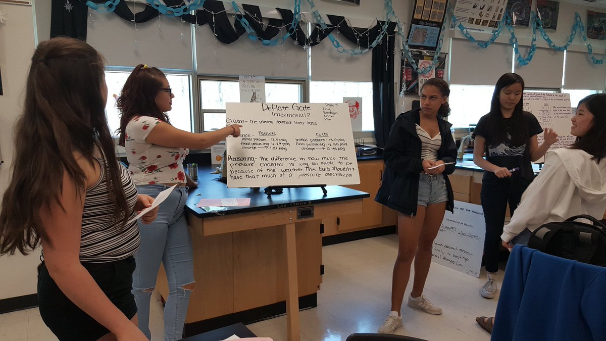 Skylinehetter's tweet photo. Now onto Chem1 Deflategate argumentation session. First time for these 10 graders. Did the Patriots intentionally deflate the footballs? #argumentdrivenchemistry #argumentdriveninquiry #ngss @SkylineHighA2 @A2schools https://t.co/ZAnxoqvrqr