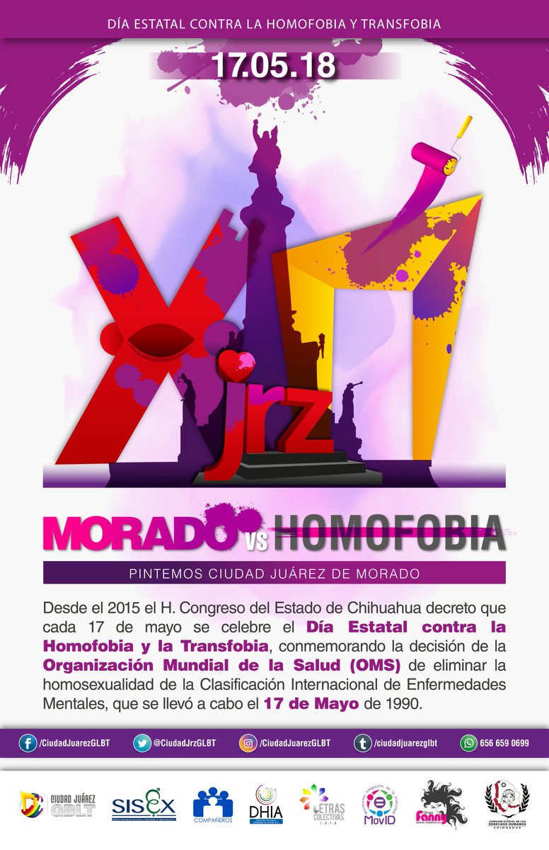 CiudadJrzGLBT's tweet photo. 17.05.18 Día Estatal contra la Homofobia y Transfobia en mayo "Pintemos Ciudad Juárez de Morado" #MoradovsHomofobia

#CiudadJuárez #Jrz #Juárez #17Mayo #Mayo #Homofobia #Transfobia #Lesbofobia #Bifobia #LGBT #DiversidadSexual https://t.co/UDhB01C5Yy