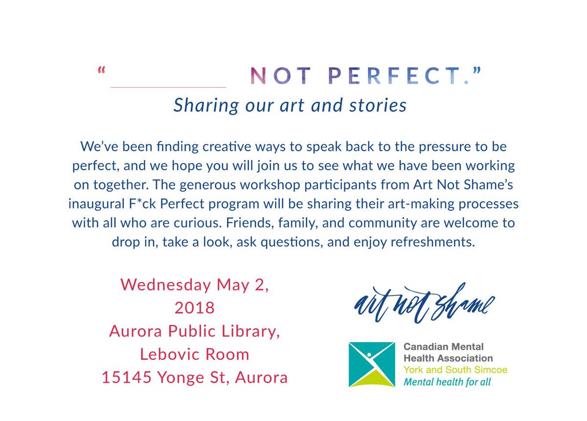 ArtNotShame's tweet photo. How time flies! Finishing our pilot #fuckperfect workshop series with sharing and conversation tomorrow. Join us if you can! Aurora Public Library 5pm until 6pm #makeartnotshame #partnershipsmatter #mentalhealth https://t.co/yVDTnG363z