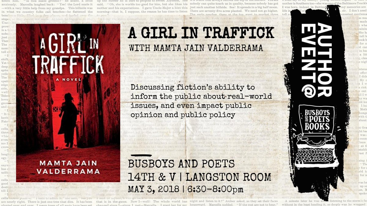 Go purchase your ticket (it includes a book!) for <a href="/mjvaldy/">Mamta Jain Valderrama</a> discussion of "A Girl in Traffick" on Thurs. You won't want to miss it! ow.ly/uQ2530jEMiw